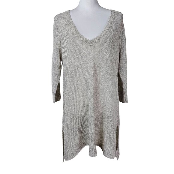 Eileen Fisher Linen Open Knit Tunic Sweater L Beige Coastal Relaxed Lagenlook - Picture 1 of 11